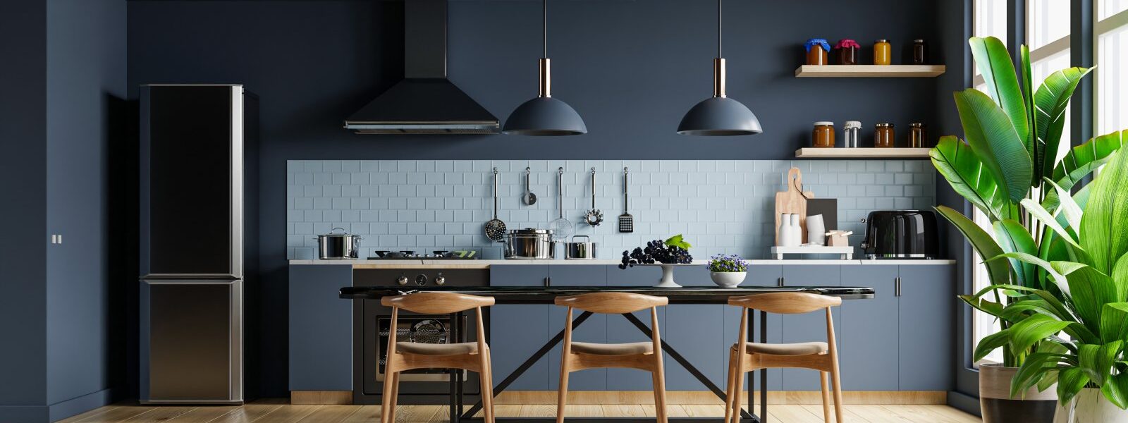 Minimalistyczne wyposażenie kuchni - prostota, ergonomia i trwałość 1 modern blue kitchen interior with wooden accents 2026 03 24 07 12 50 utc