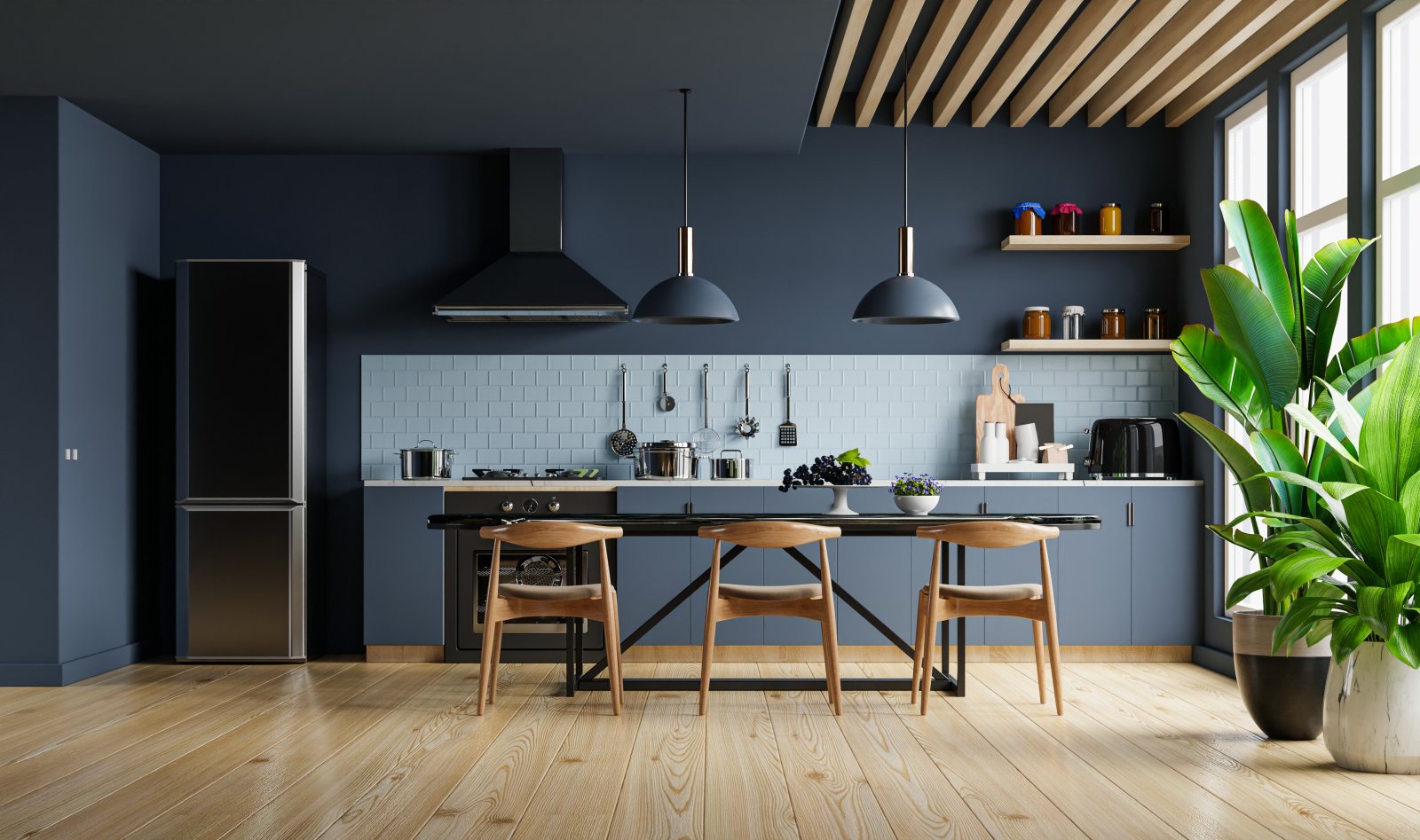 modern blue kitchen interior with wooden accents 2026 03 24 07 12 50 utc